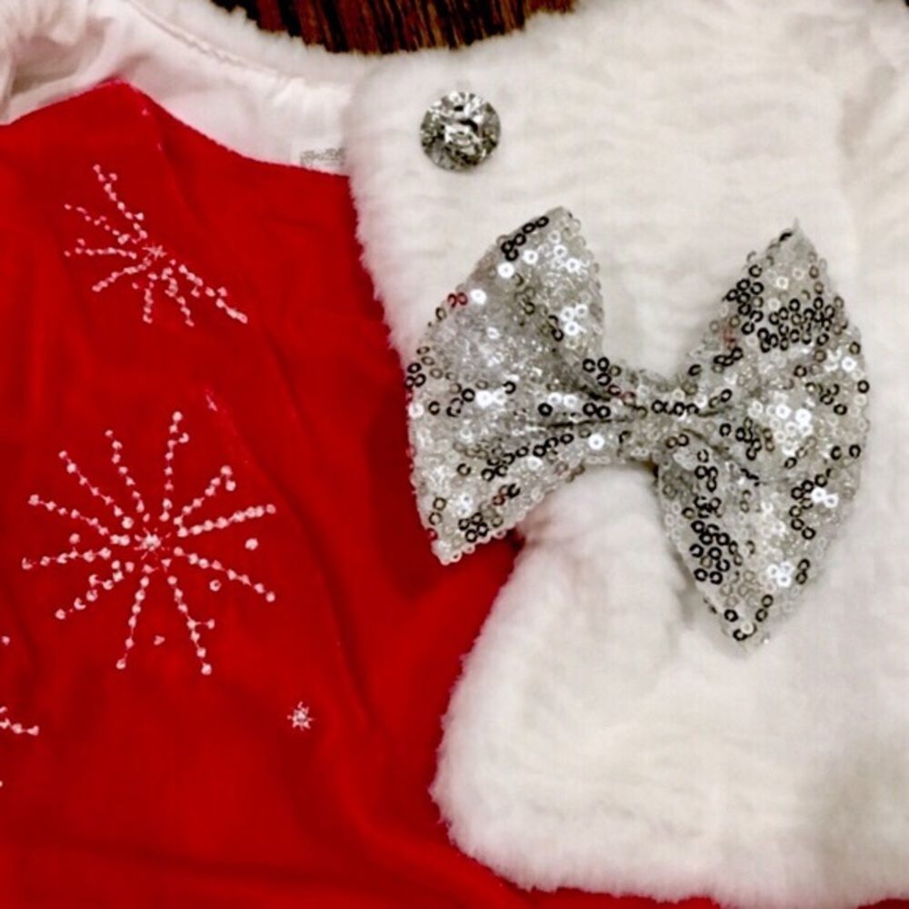 Red Velvet Party Dress White Faux Fur Shrug & Bow - Picture 6 of 14